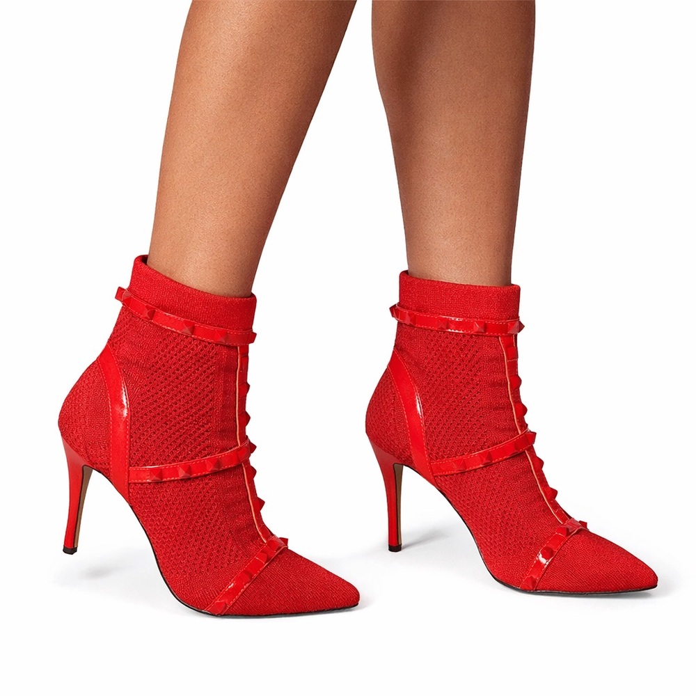 Red Studded Heeled Booties